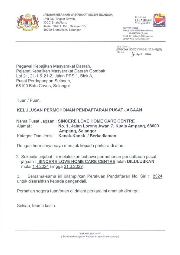 Sincere Love Home Care Centre Home JKM Approval Letter