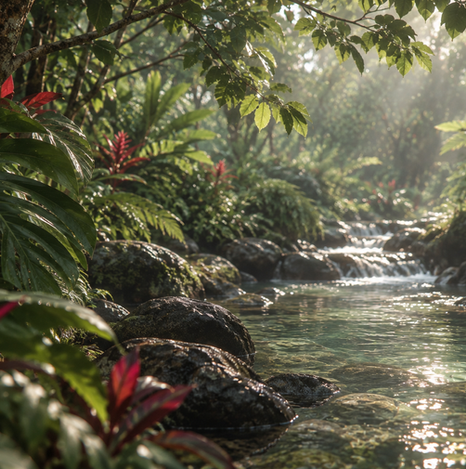 Green and red tones inspired by lush tropical foliage