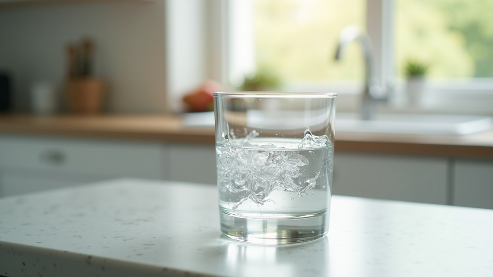 Eye-level view of a clean glass of water on a kitchen counter