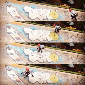 Four pictures of Coffin skating around a bowl