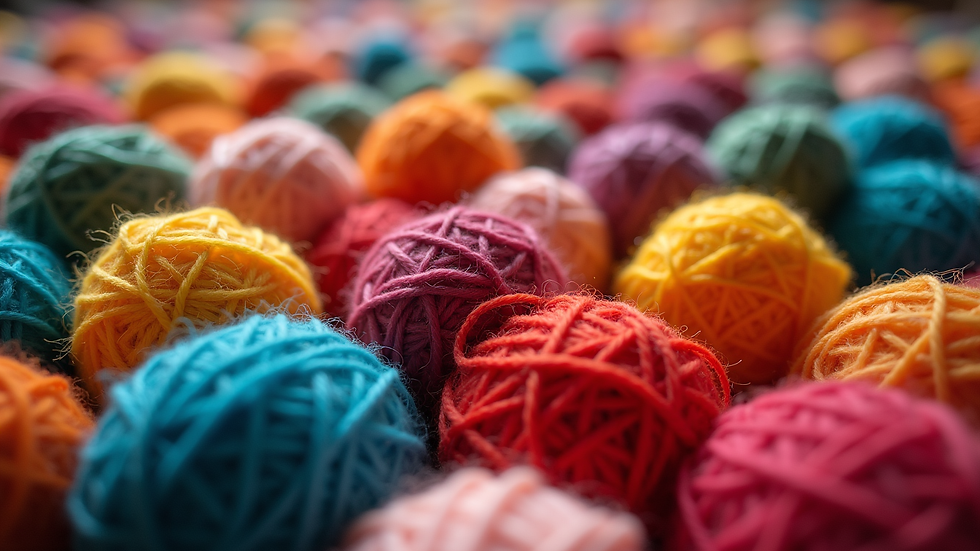 Close-up view of colorful yarn balls arranged in a creative pattern