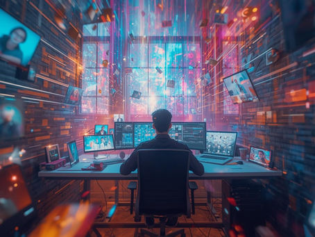 Mies istuu työhuoneessa selkä kameraan päin. Digitaaliset elementit kiitävät vauhdilla pitkin kuvaa.