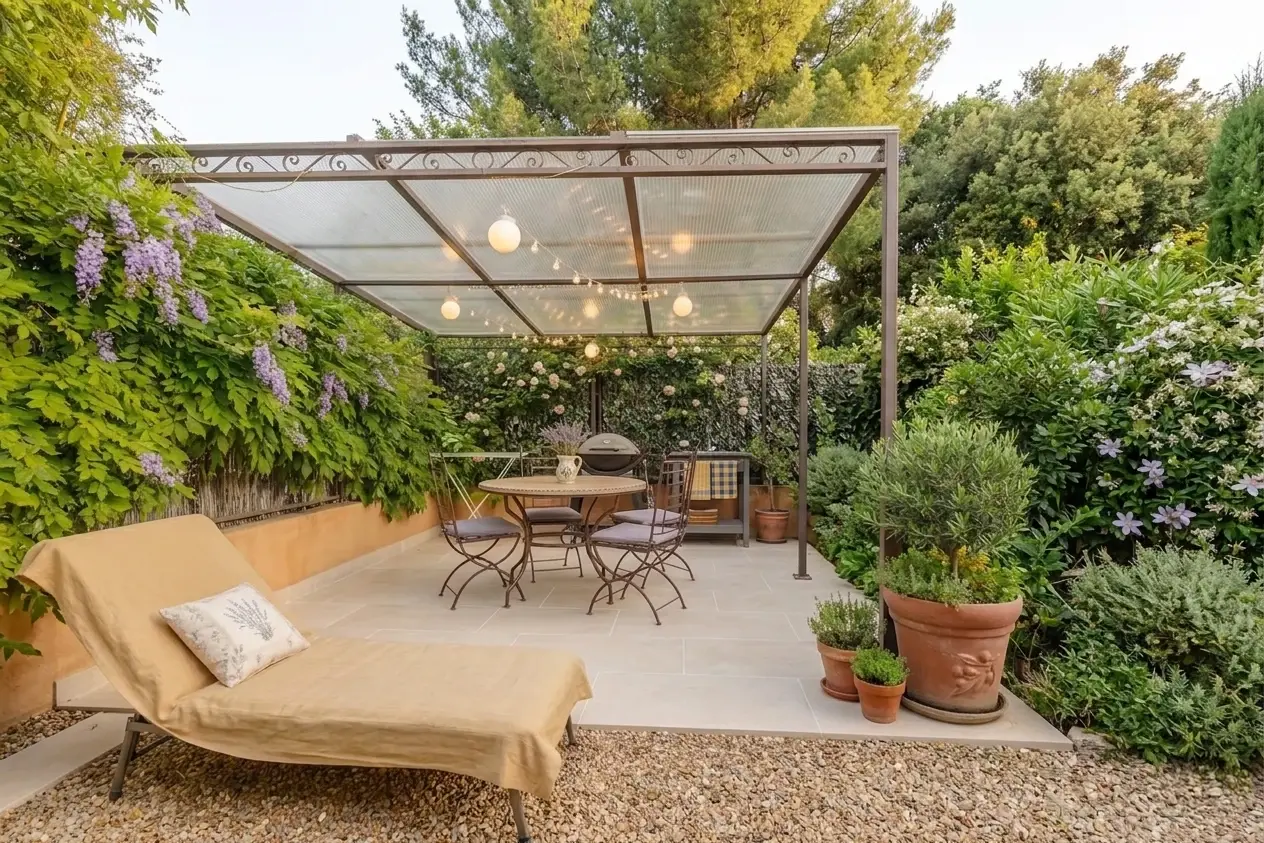 Terrasse en pierre d'un gîte du Mas des Bouteillans avec vue sur les vignobles de Bandol
