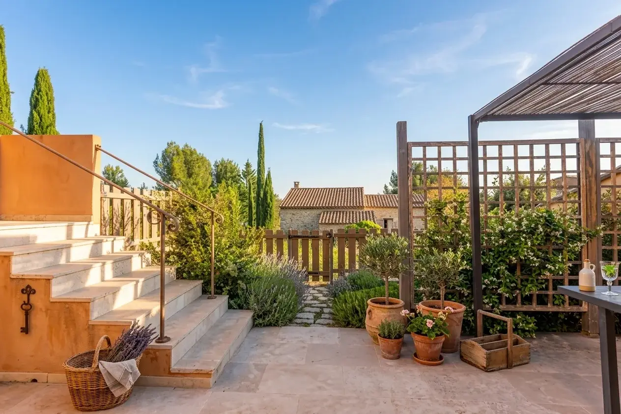 Terrasse en pierre d'un gîte du Mas des Bouteillans avec vue sur les vignobles de Bandol