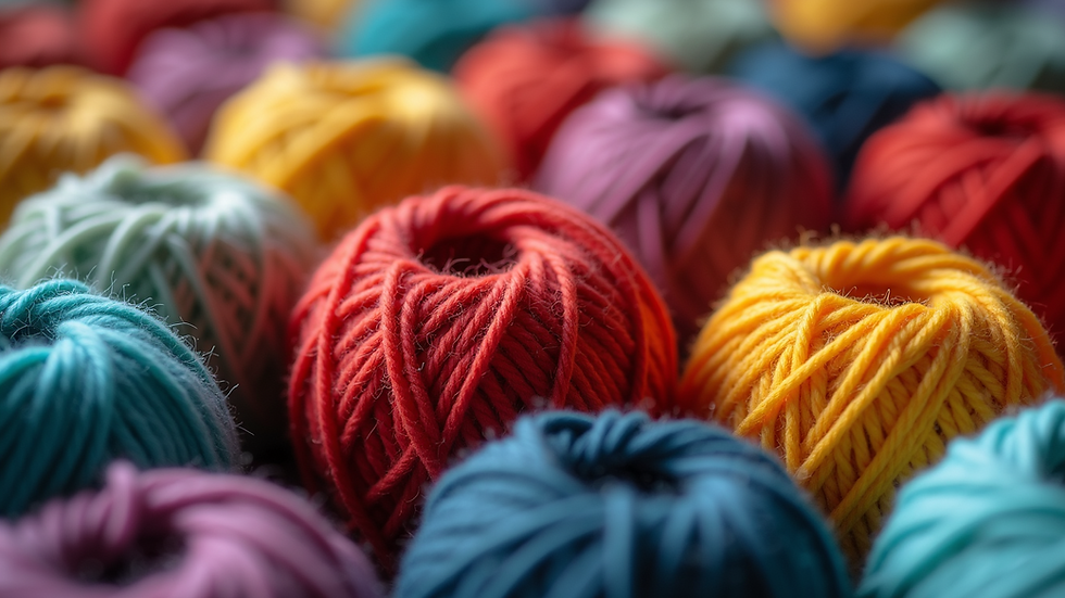 Close-up view of colourful yarn balls in a knitting group