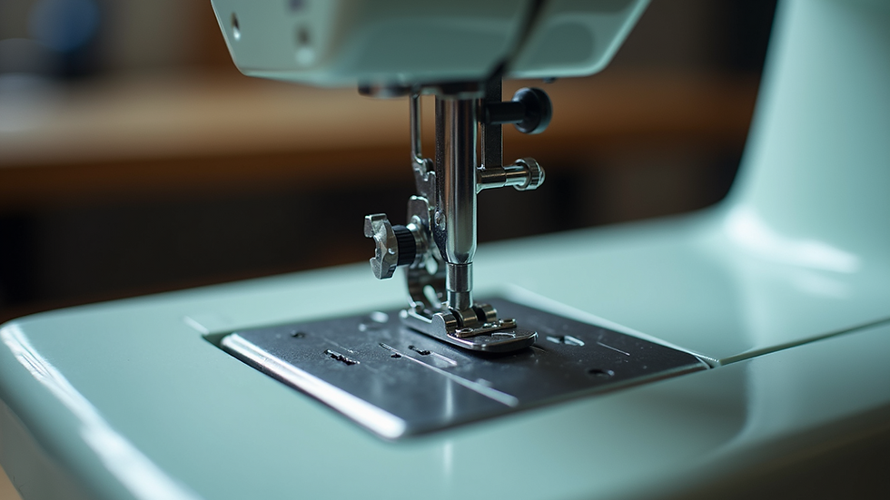Eye-level view of sewing machine feed dogs and presser foot