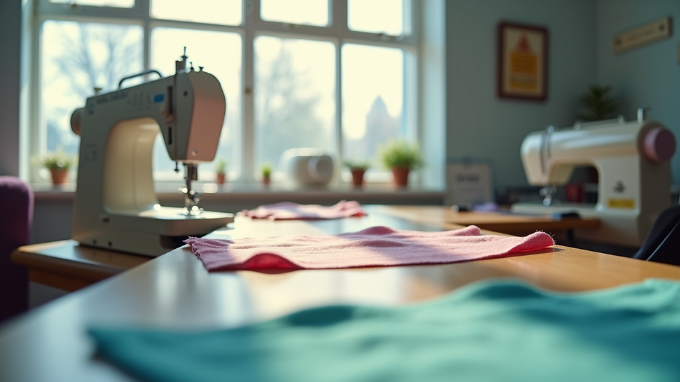 Eye-level view of a bright sewing room with machines and fabric