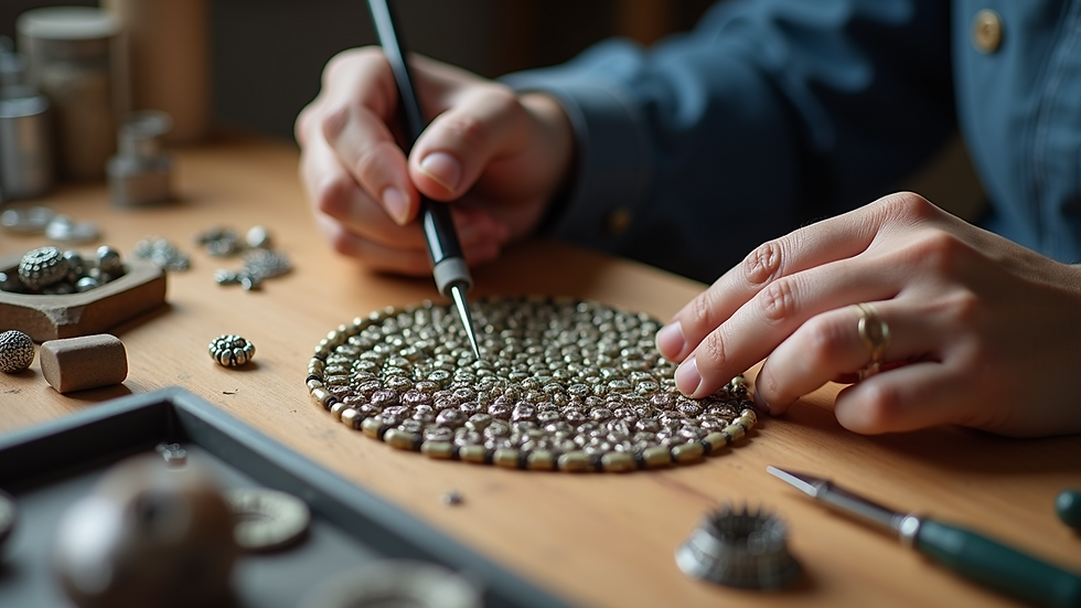 High angle view of jewellery making tools and beads on a table