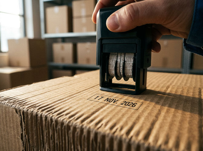 Automatic date stamp marking the date on a cardboard box in a warehouse