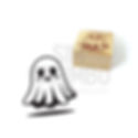 Carimbo de fantasma sorrindo, com desenho e imagem em madeira, Sim Grimbó