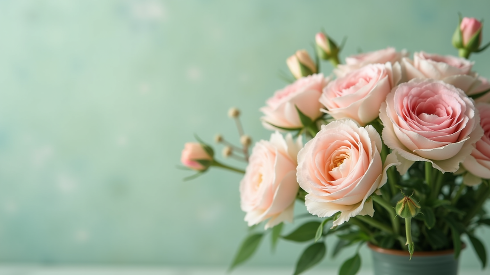 Close-up view of a soft pastel bouquet with muted greens and pinks