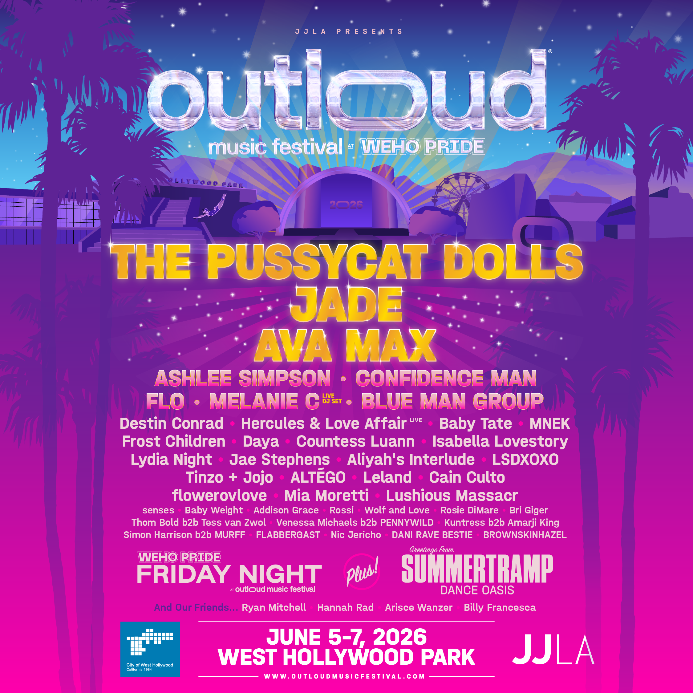 Line Up Headlining OUTLOUD Music Festival 2026 at WeHo Pride, featuring top queer artists, live performances, and community connection | She Comes With Baggage Media