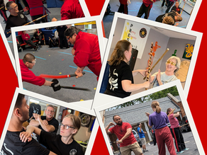 A collage of students training in Presas Arnis