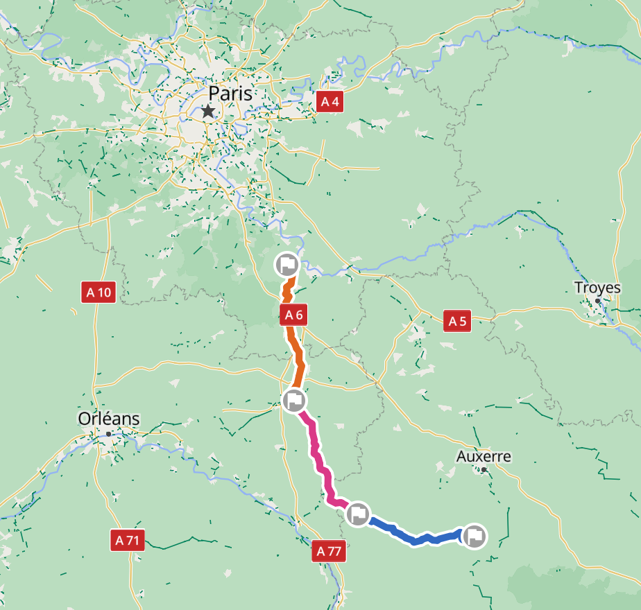 Itinéraire pour cyclotourisme sur 3 jours entre Fontainebleau et Anus près d'Auxerre