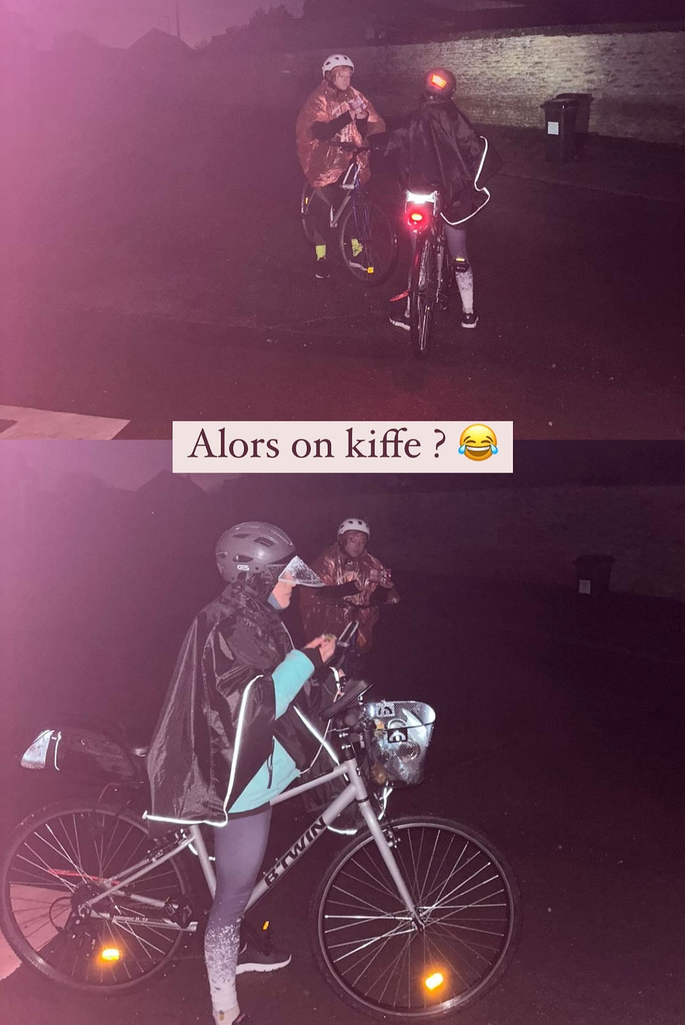 Cyclistes sous la pluie et dans la nuit