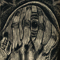 A skeletal hand covering a large eye