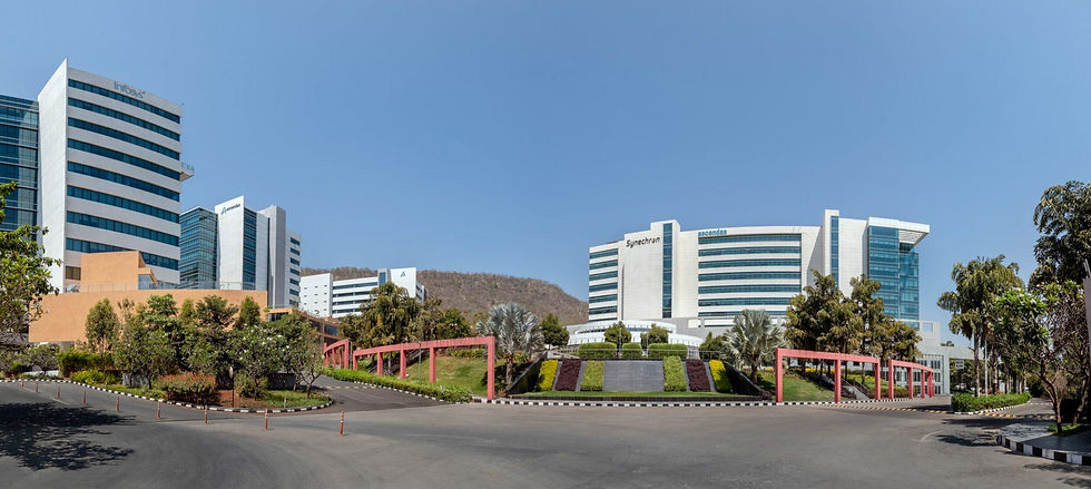 Modern office buildings with "Synechron" and "seconds" logos, set against a clear blue sky, surrounded by greenery and red archways.