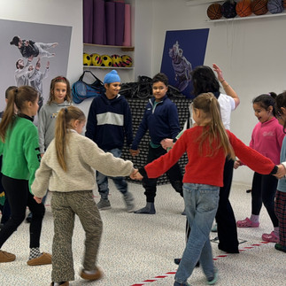 Earth Dragons students learning Greek traditional dance during a Cultural Afternoon at REAL School Budapest, taught by a parent as part of a project on cultural diversity