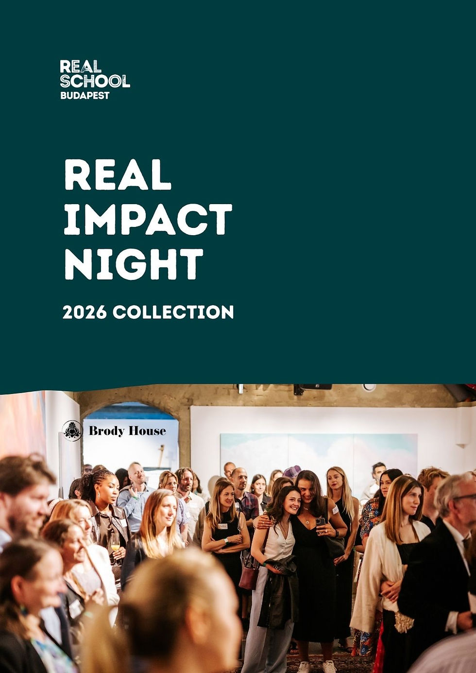 Cover of the REAL Impact Night 2025 item collection brochure, featuring the Brody House logo and a crowd celebrating at the event.