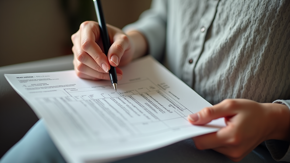 Close-up view of a doula’s hands holding a birth plan and a pen