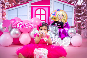 Barbie themed cakesmash photoshoot Singapore baby girl birthday setup