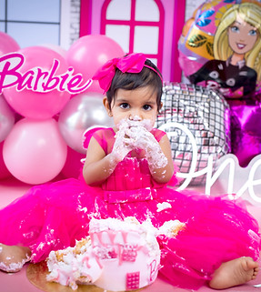 Barbie themed cakesmash photoshoot Singapore pink birthday baby girl setup