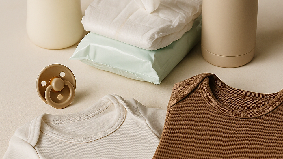 Baby essentials on beige surface: bottle of milk, pacifier, wet wipes pack, beige thermos, cream and brown baby onesies. Calm mood.