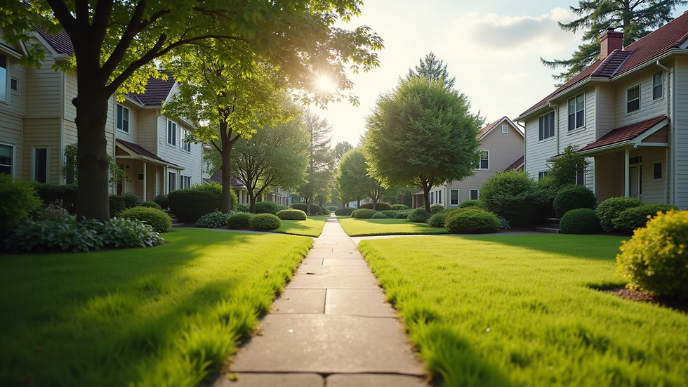 Eye-level view of a suburban neighborhood with green spaces and family homes