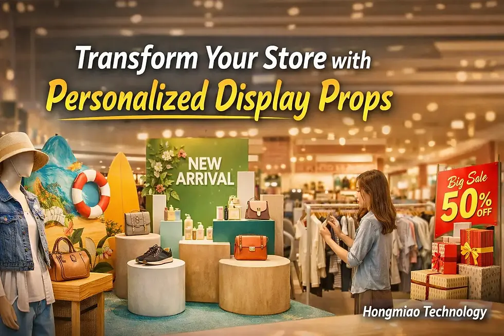 Retail store with personalized display props showing products creatively, boosting customer engagement and brand experience - Hongmiao Technology