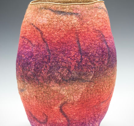 JUDITH DANIELS COLLAGE VESSEL #4, Wool, silk fabric, polyester thread, paper wire, 15_ x 1