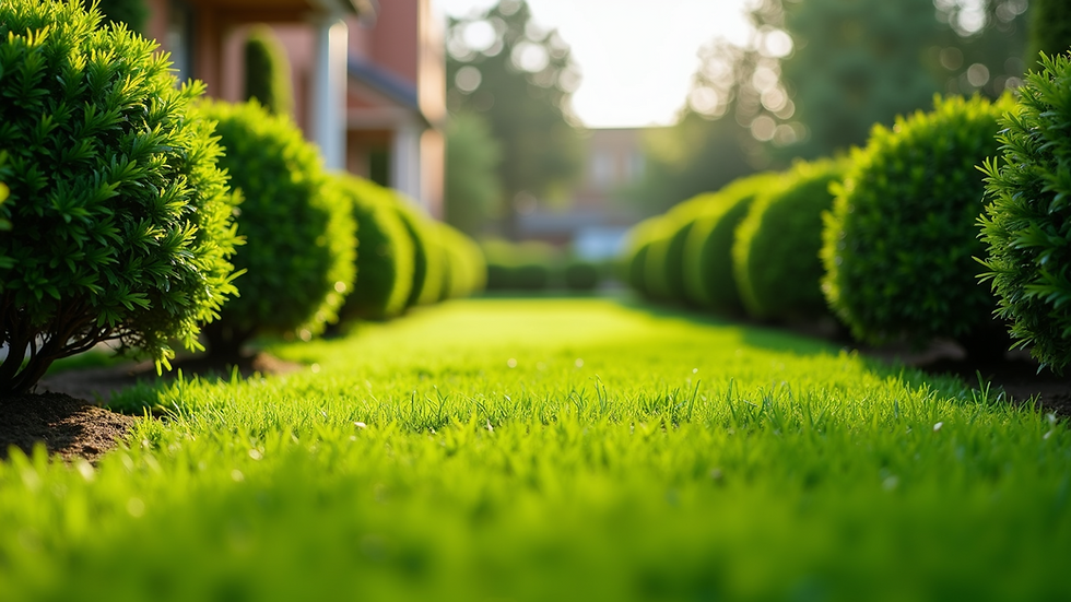 Eye-level view of a well-maintained green lawn with trimmed bushes