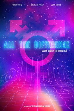 Poster for All the Difference, with a bright pink and purple neon design highlighting the gender symbol and bold visual contrasts.