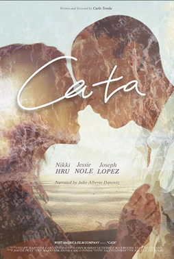 Poster for Cata, showing a couple embracing lovingly with a serene beach and ocean horizon in the background.