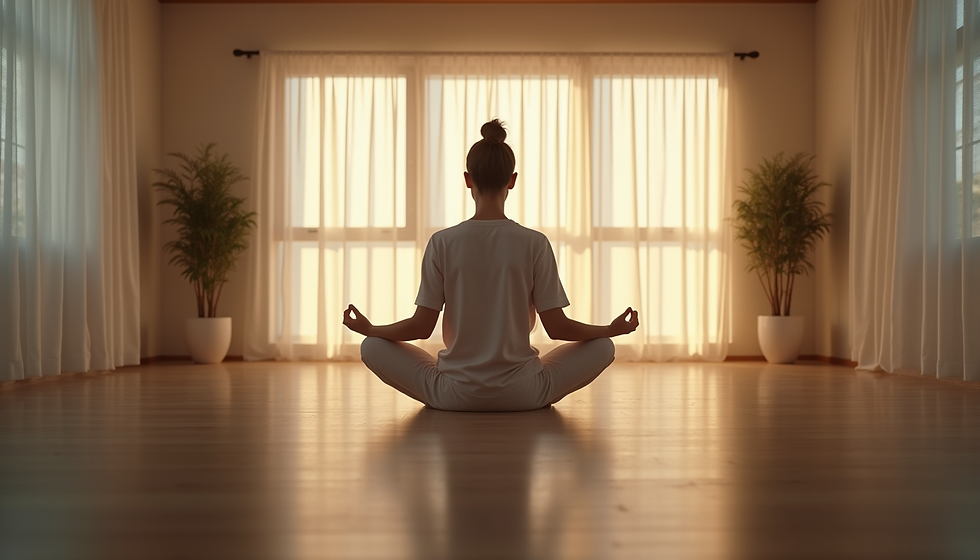 Eye-level view of a calm person meditating in a quiet room
