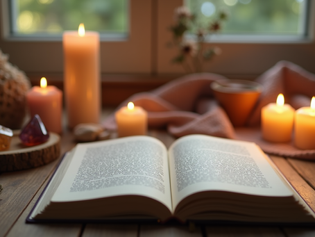A magical altar setup with personal items and a journal for reflection