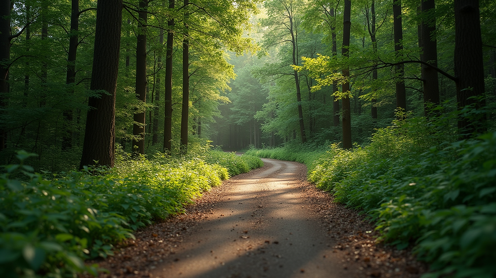 Eye-level view of a winding forest path symbolizing a journey