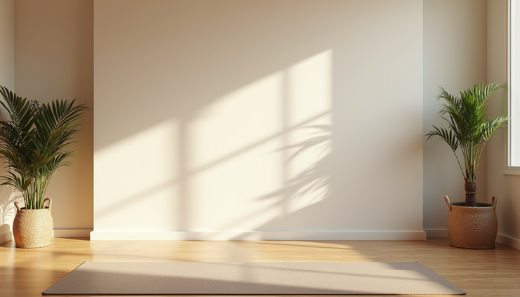 Eye-level view of a serene yoga studio with soft natural light and a single yoga mat