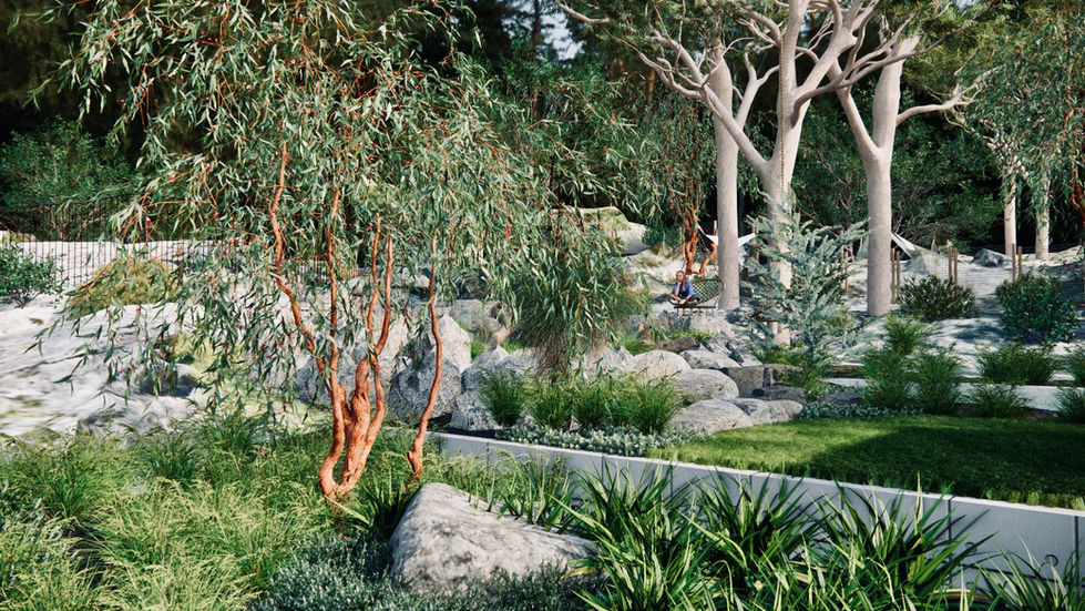 Natural pool and garden design for Perth Hills of native planting by YLA Studio Yoxall landscape architecture with sunken fireplace and built in seating 