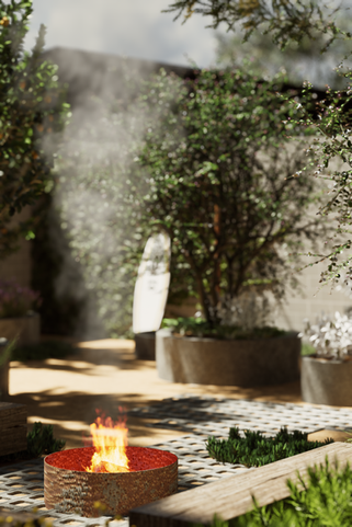 a blurred image of a garden with trees and a fire pit
