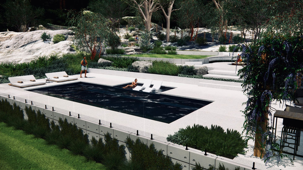 Natural pool and garden design for Perth Hills of native planting by YLA Studio Yoxall landscape architecture with sunken fireplace and built in seating 