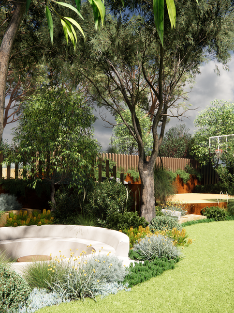 05 Yoxall Landscape Architecture and Garden Design Native and Waterwise Garden In Chittering Western Australia Outdoor firepite nature play basketball court and kids play with swimming pool and alfresco
