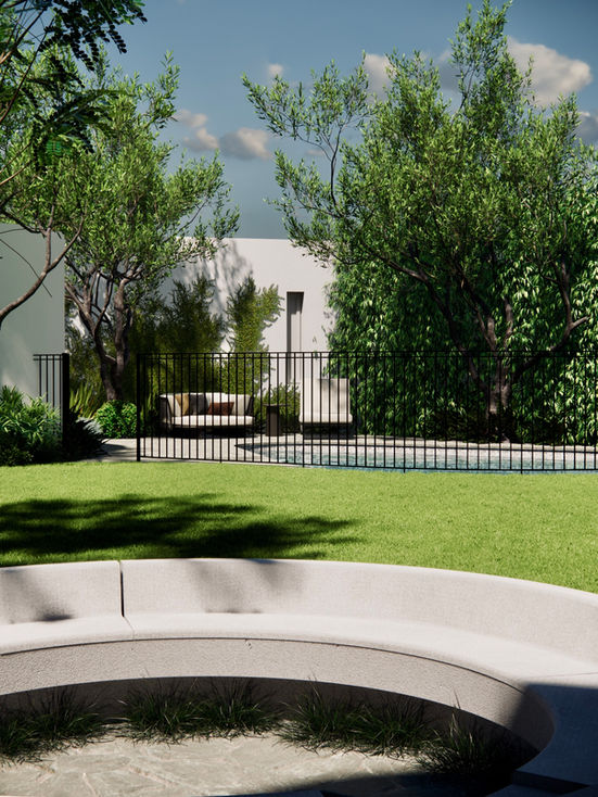 Yoxall landscape architecture and garden design City Beach Perth western australia. Organic shaped pool, sunken outdoor firepit and lounge area with custom pool fencing and a sculptural garden design 