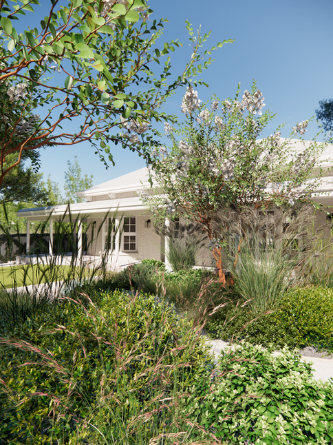 Yoxall Landscape Architecture and Garden Design Dalkeith Western Australia with Eurpean flowering garden and courtyard with pool and alfresco structure and outdoor fireplace 