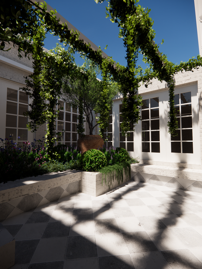 Yoxall Landscape Architecture and Garden Design Dalkeith Western Australia with Eurpean flowering garden and courtyard with pool and alfresco structure and outdoor fireplace 