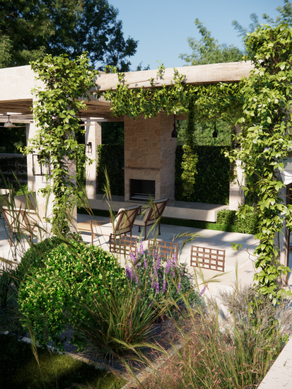 Yoxall Landscape Architecture and Garden Design Dalkeith Western Australia with Eurpean flowering garden and courtyard with pool and alfresco structure and outdoor fireplace 