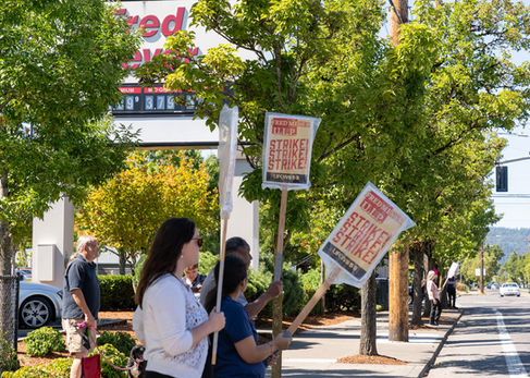 People holding strike signs outside, trees in background.