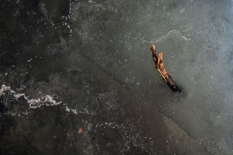 Stick embedded in icy surface.