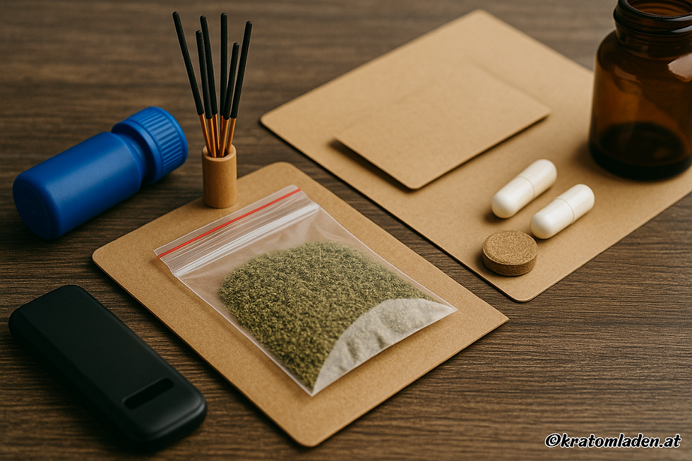 Verschiedene Produkte auf einem Holztisch: ein Beutel mit grünem Pflanzenpulver, Räucherstäbchen, Kapseln, Braunglasflasche und Zubehör – symbolisch für die Vielfalt an nicht zur Einnahme bestimmten Kratom-Anwendungen.