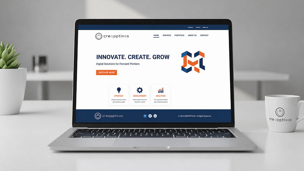 Eye-level view of a clean and modern landing page on a laptop