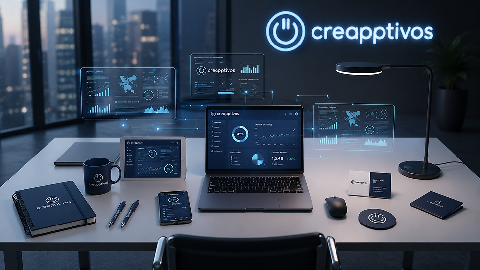 Vista aérea de una mesa de trabajo con laptop y gráficos digitales